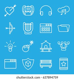 Thin icons set. set of 16 thin outline icons such as backpack, folder, star, cargo insurance, headset, bomb, music cloud, tent, heart with arrow, family structure