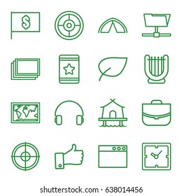 Thin icons set. set of 16 thin outline icons such as photos, clock, case, star, headset, thumb up, tent, flag with dollar, world map, leaf, folder, browser window, harp