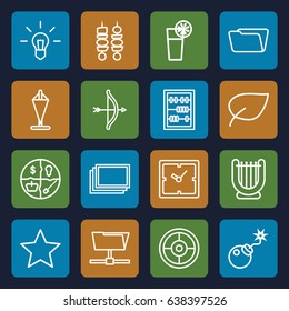 Thin icons set. set of 16 thin outline icons such as photos, clock, folder, bomb, abacus, cocktail, kebab, leaf, flag, star, bow, harp, bulb, target