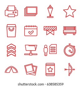 Thin icons set. set of 16 thin outline icons such as barrier, photos, printer, star, stopwatch, calendar, photo, tent, arrow, shopping bag, flag, folder, bench, bow