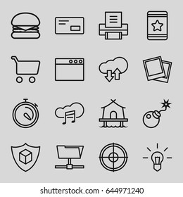 Thin icons set. set of 16 thin outline icons such as star, stopwatch, cargo insurance, bomb, music cloud, photo, printer, envelop, tent, download upload cloud, burger