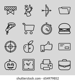 Thin icons set. set of 16 thin outline icons such as barrier, clock, case, printer, folder, pizza, apple, stopwatch, angel, pumpkin haloween, thumb up, envelop, burger
