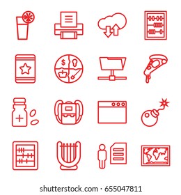 Thin icons set. set of 16 thin outline icons such as backpack, abacus, star, pizza, bomb, medicine bottle, cocktail, printer, download upload cloud, world map, folder