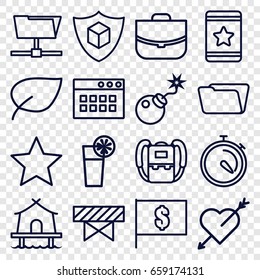 Thin icons set. set of 16 thin outline icons such as barrier, backpack, case, folder, star, stopwatch, cargo insurance, bomb, cocktail, tent, flag with dollar, leaf