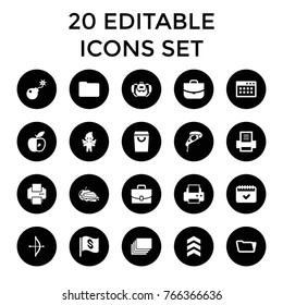 Thin icons. set of 20 editable filled thin icons such as case, printer, folder, shopping bag, bow, pizza, sandwich and apple, apple, calendar, angel, bomb, browser window