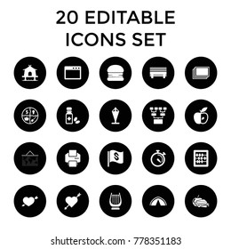 Thin icons. set of 20 editable filled thin icons such as photos, abacus, burger, heart with arrow, sandwich and apple, apple. best quality thin elements in trendy style.