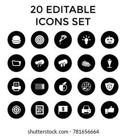 Thin icons. set of 20 editable filled thin icons such as abacus, printer, folder, flag with dollar, pizza, sandwich and apple. best quality thin elements in trendy style.