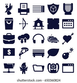 Thin icons set. set of 25 thin filled icons such as backpack, clock, case, folder, pizza, sandwich and apple, cargo insurance, angel, headset, bomb, guitar strings, printer