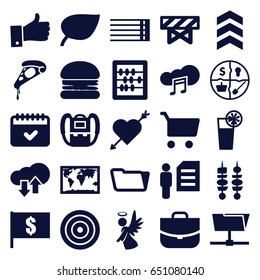 Thin icons set. set of 25 thin filled icons such as barrier, backpack, case, abacus, folder, pizza, calendar, angel, guitar strings, music cloud, cocktail, kebab, thumb up