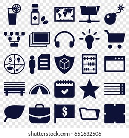 Thin icons set. set of 25 thin filled icons such as photos, clock, case, folder, calendar, cargo insurance, headset, bomb, medicine bottle, guitar strings, abacus, cocktail