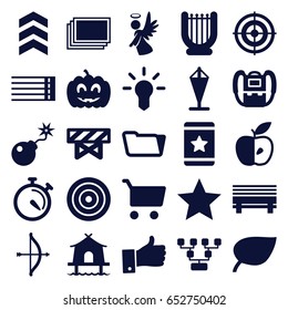 Thin icons set. set of 25 thin filled icons such as barrier, photos, backpack, folder, star, apple, stopwatch, angel, bomb, guitar strings, pumpkin haloween, thumb up, tent