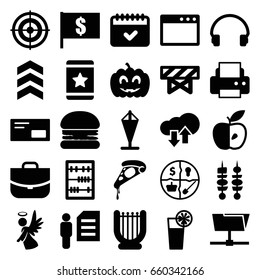 Thin icons set. set of 25 thin filled icons such as barrier, case, printer, star, pizza, apple, calendar, angel, headset, abacus, cocktail, pumpkin haloween, kebab, envelop