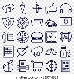 Thin icons set. set of 25 thin outline icons such as backpack, clock, abacus, folder, sandwich and apple, apple, cargo insurance, headset, medicine bottle, music cloud