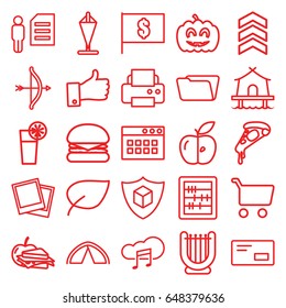 Thin icons set. set of 25 thin outline icons such as abacus, printer, folder, pizza, sandwich and apple, apple, cargo insurance, music cloud, cocktail, pumpkin haloween