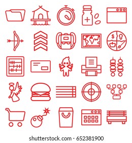 Thin icons set. set of 25 thin outline icons such as backpack, abacus, folder, stopwatch, angel, bomb, medicine bottle, guitar strings, kebab, printer, envelop, tent, arrow