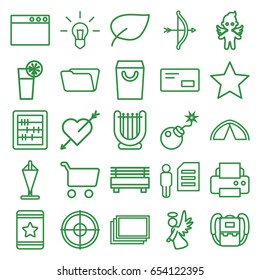 Thin icons set. set of 25 thin outline icons such as photos, backpack, abacus, printer, folder, star, angel, bomb, cocktail, envelop, tent, shopping bag, leaf, flag