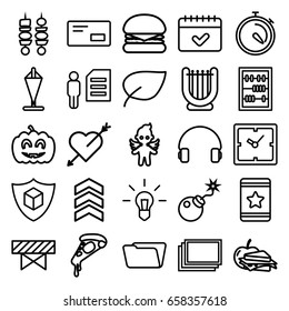 Thin icons set. set of 25 thin outline icons such as barrier, photos, clock, folder, star, pizza, sandwich and apple, stopwatch, calendar, cargo insurance, angel, headset