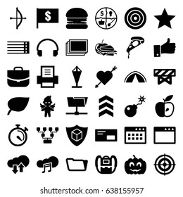 Thin icons set. set of 36 thin filled icons such as barrier, photos, backpack, case, folder, pizza, sandwich and apple, apple, stopwatch, cargo insurance, angel, headset, bomb