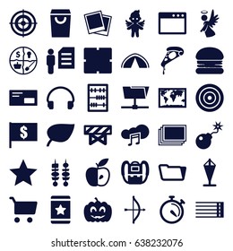 Thin icons set. set of 36 thin filled icons such as barrier, photos, backpack, clock, folder, star, pizza, apple, stopwatch, angel, headset, bomb, guitar strings, music cloud