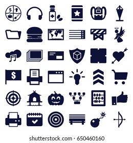 Thin icons set. set of 36 thin filled icons such as barrier, photos, backpack, clock, abacus, printer, folder, star, calendar, cargo insurance, angel, headset, bomb