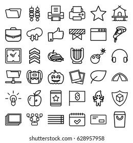 Thin icons set. set of 36 thin outline icons such as barrier, photos, backpack, clock, case, printer, folder, star, pizza, sandwich and apple, apple, calendar, cargo insurance