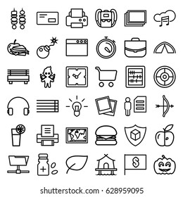 Thin icons set. set of 36 thin outline icons such as photos, backpack, clock, case, abacus, printer, sandwich and apple, apple, stopwatch, cargo insurance, angel, headset