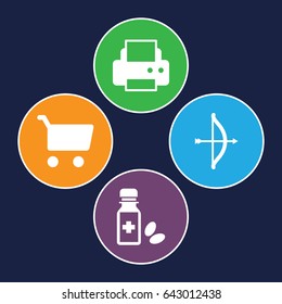 Thin icons set. set of 4 thin filled icons such as printer, medicine bottle, bow