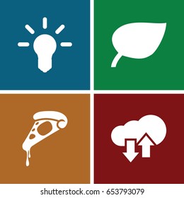 Thin icons set. set of 4 thin filled icons such as pizza, download upload cloud, bulb