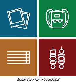 thin icons set. Set of 4 thin outline icons such as backpack, guitar strings, kebab