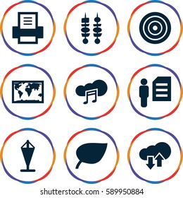 thin icons set. Set of 9 thin filled icons such as music cloud, kebab, printer, download upload cloud, man and document, target, flag, world map
