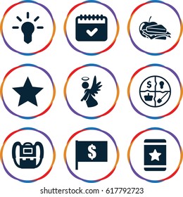 Thin icons set. set of 9 thin filled icons such as backpack, star, sandwich and apple, calendar, angel, bulb, marketing