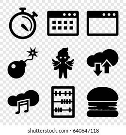 Thin icons set. set of 9 thin filled icons such as stopwatch, angel, bomb, music cloud, abacus, download upload cloud, burger