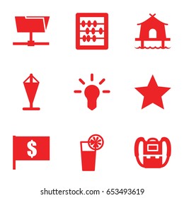 Thin icons set. set of 9 thin filled icons such as backpack, abacus, cocktail, tent, bulb, flag, star, flag with dollar