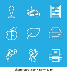 thin icons set. Set of 9 thin outline icons such as printer, pizza, sandwich and apple, apple, angel, abacus, leaf