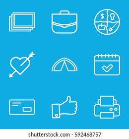thin icons set. Set of 9 thin outline icons such as photos, case, printer, calendar, thumb up, envelop, tent, heart with arrow