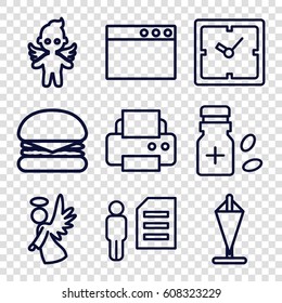 Thin icons set. set of 9 thin outline icons such as clock, printer, angel, medicine bottle, burger, browser window