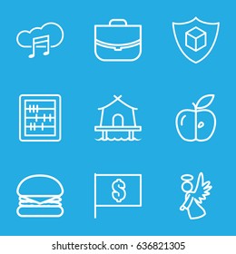 Thin icons set. set of 9 thin outline icons such as case, abacus, apple, cargo insurance, angel, music cloud, tent, flag with dollar