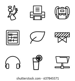 Thin icons set. set of 9 thin outline icons such as barrier, backpack, abacus, angel, headset, cocktail, printer, leaf