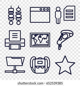 Thin icons set. set of 9 thin outline icons such as backpack, pizza, kebab, printer, world map, star, folder, browser window