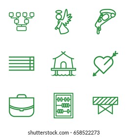 Thin icons set. set of 9 thin outline icons such as barrier, case, pizza, angel, guitar strings, abacus, tent, heart with arrow