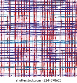 Thin ink vertical and horizontal, red and blue lines isolated on white background. Striped mesh seamless pattern. Vector simple flat graphic hand drawn illustration. Texture.