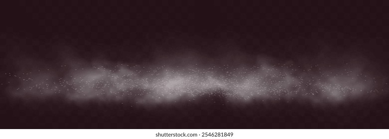 Una fina capa de humo gris con partículas brillantes dispersas sobre un fondo transparente, creando un efecto neblina o neblina atmosférica.
