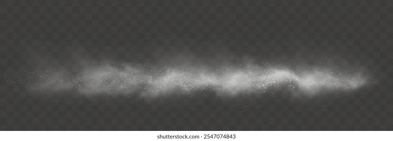  A thin layer of gray smoke with scattered glowing particles on a transparent background, creating a misty or atmospheric haze effect.
