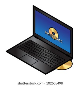 A thin and light black laptop with slot-load optical disk drive and a gold disc. The on-screen message says "Insert Disc"
