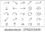 Thin light stroke curved diagonal arrow icons set, thin line arrow symbol design, delicate fine line arrow pack, white background vector arrow theme digital interface print usage