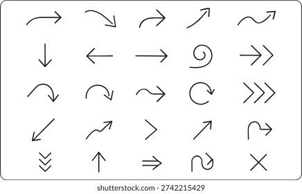 Thin light stroke curved diagonal arrow icons set, thin line arrow symbol design, delicate fine line arrow pack, white background vector arrow theme digital interface print usage