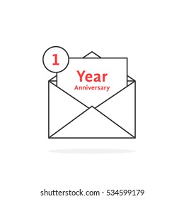 thin line 1 year anniversary logo like open letter. concept of send sms, e-mail, feast, success, memorable, advertisement, typography. flat style trend logotype graphic design on white background