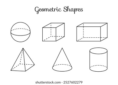 Thin Line 3D Geometric Shapes of Sphere, Cube, Cuboid, Pyramid, Cone and Cylinder