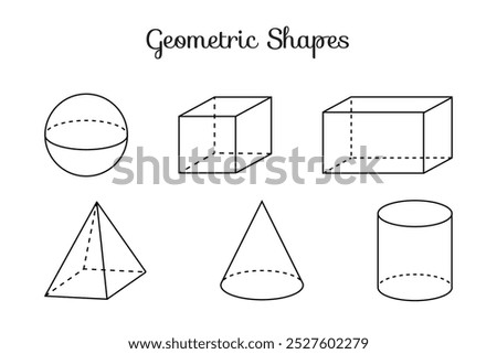 Thin Line 3D Geometric Shapes of Sphere, Cube, Cuboid, Pyramid, Cone and Cylinder