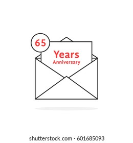 thin line 65 years anniversary logo like open letter. concept of send sms e-mail, feast success, memorable advertisement typography. flat style trend modern logotype graphic design on white background